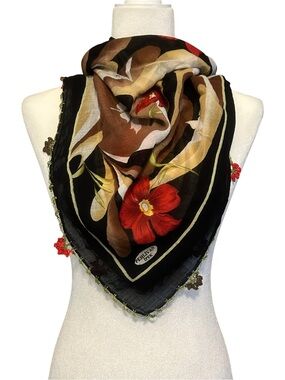 Pehlivan Ipek Floral Crochet Edge Cotton Turkish Scarf Wrap Black Red Tan Print